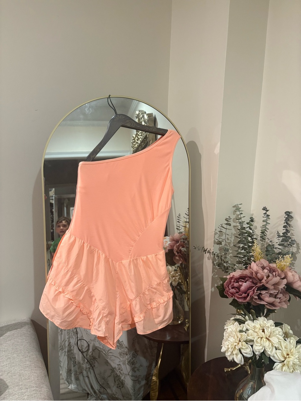 Free people movement pastel Peach One-Shoulder Ruffle Mini Romper